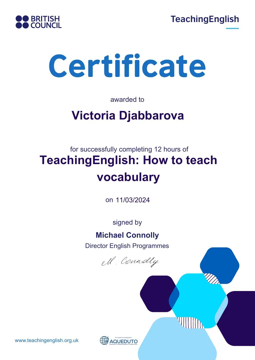 Сертификат British Council TeachingEnglish по преподаванию лексики